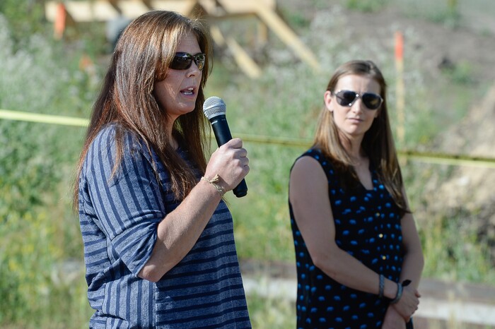(Francisco Kjolseth  |  The Salt Lake Tribune)  Olympic athletes Picabo Street, left, and Heather McPhie Watanabe take turns expressing their excitement over Utah Olympic Park's plans for the Mountain Expansion project on Tuesday, July 23, 2019. The Mountain Expansion is an athlete-focused project that will provide enhanced opportunities for Utah's ski and snowboard teams, expanding their season locally and increasing the quantity and quality of training options.