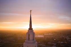 (The Church of Jesus Christ of Latter-day Saints) An Angel Moroni statue trumpets the presence of Utah's Layton Temple. Such tall spires have drawn opposition from neighbors in a number of states.