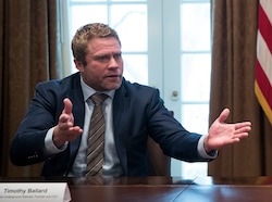 (Sarah Silbiger | The New York Times) Tim Ballard, the founder of Operation Underground Railroad, talks during a meeting about human trafficking on the southern border of the U.S., in the Cabinet Room of the White House, in Washington, Feb. 1, 2019. Ballard's attorneys have been given permission to depose one of his former assistants who has alleged Ballard sexually assaulted her.